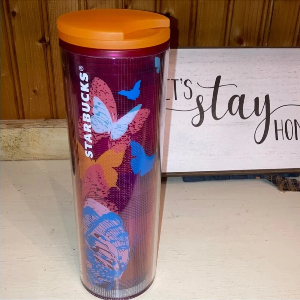 Rare Starbucks Butterfly Floral Travel Cup Reusable Tumbler Orange Sip Lid New